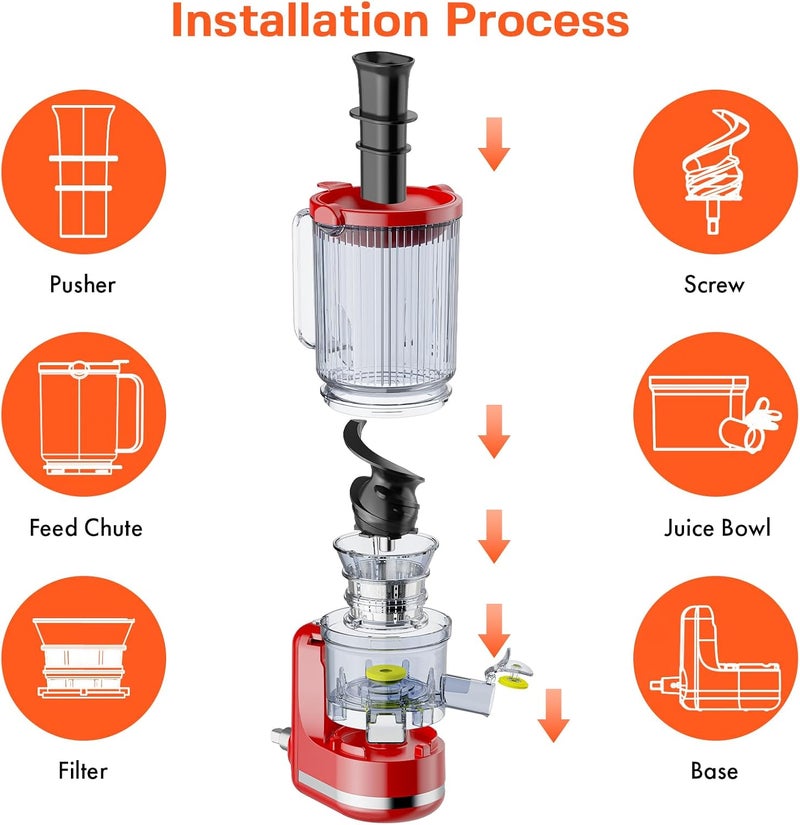 GVODE Juicer Attachment for KitchenAid, Cold Press Slow Juicer with 4.9" Large Feed Chute for Whole Fruits & Vegetables, Includes 2 * 1L Measuring Cups for KitchenAid Accessories and Attachments, Red - Image 3